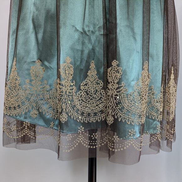 Papell Mini Dress Babydoll Gown 8 Green Gold Fairy Indie Halter Mesh Boho Sheer - Picture 5 of 12